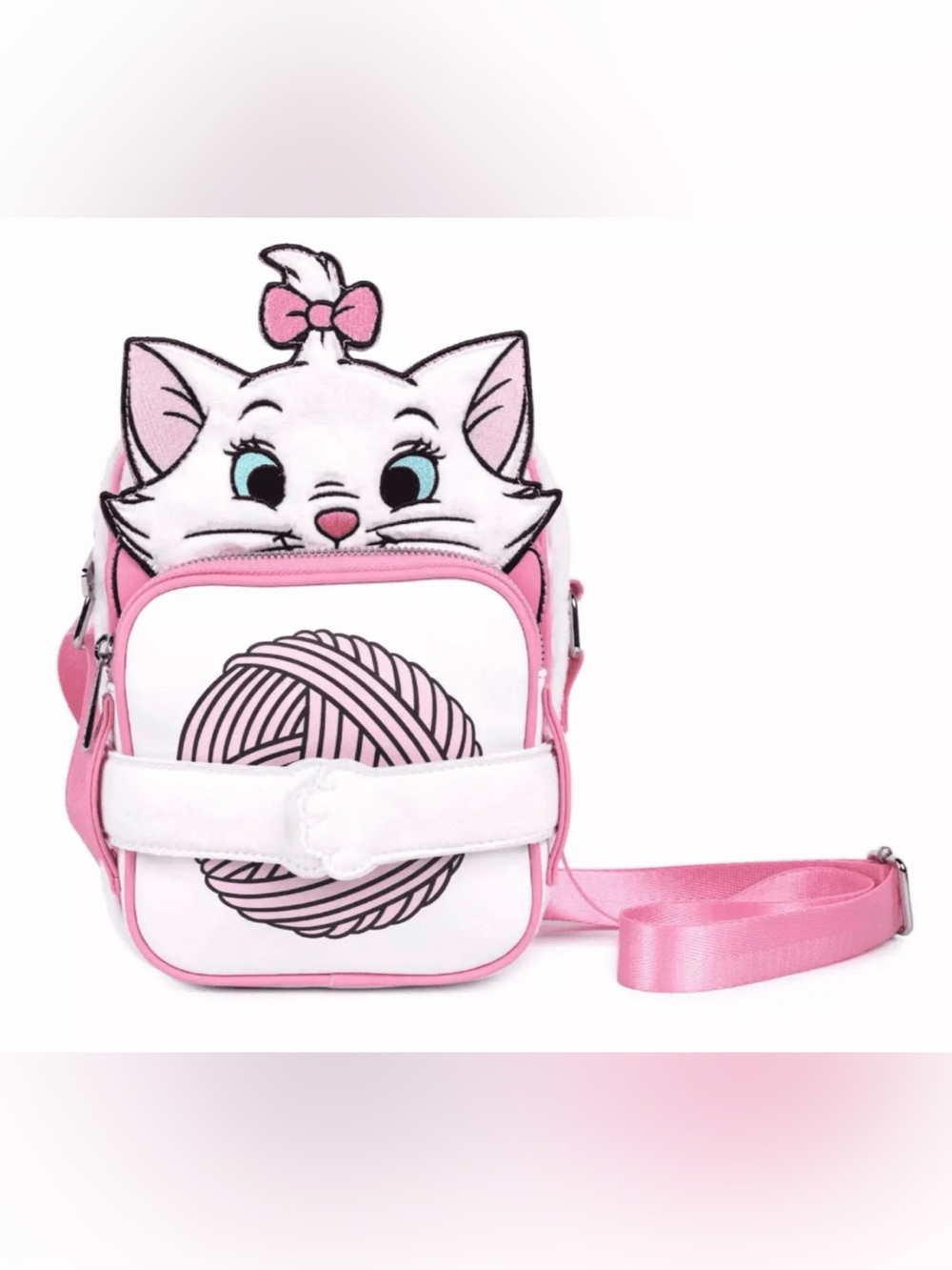 New Loungefly White & Pink Marie Kitty Crossbody Bag with Yarn Graphic